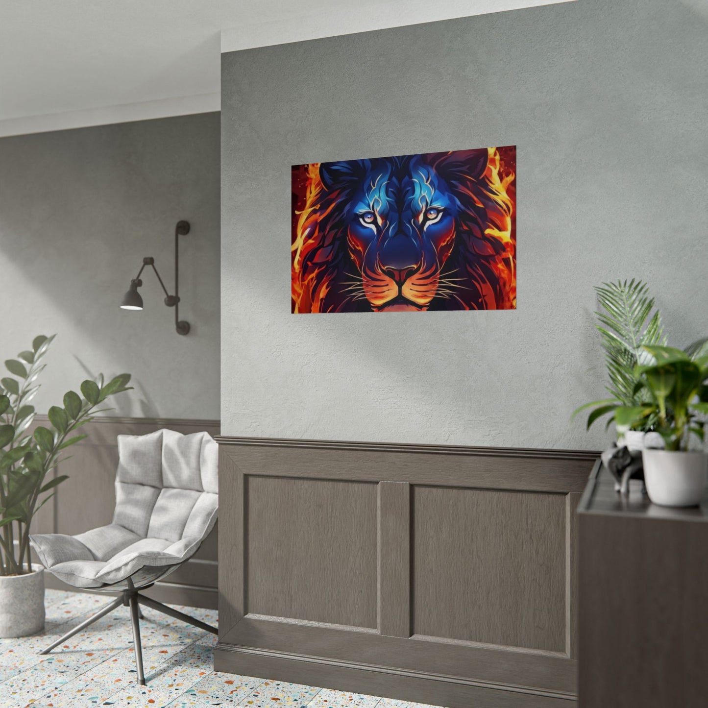 Flaming Lion Wall Art Print – Fierce Fire Lion Artwork, Bold Animal Decor, Powerful Lion Poster, Modern Statement Wall Art