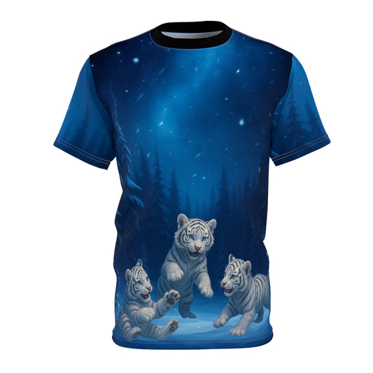 Playful Snow Tiger Cubs – Moonlit Winter Forest T-Shirt