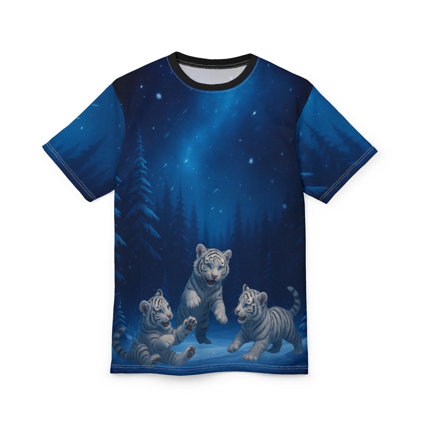 Playful Snow Tiger Cubs – Moonlit Winter Forest T-Shirt